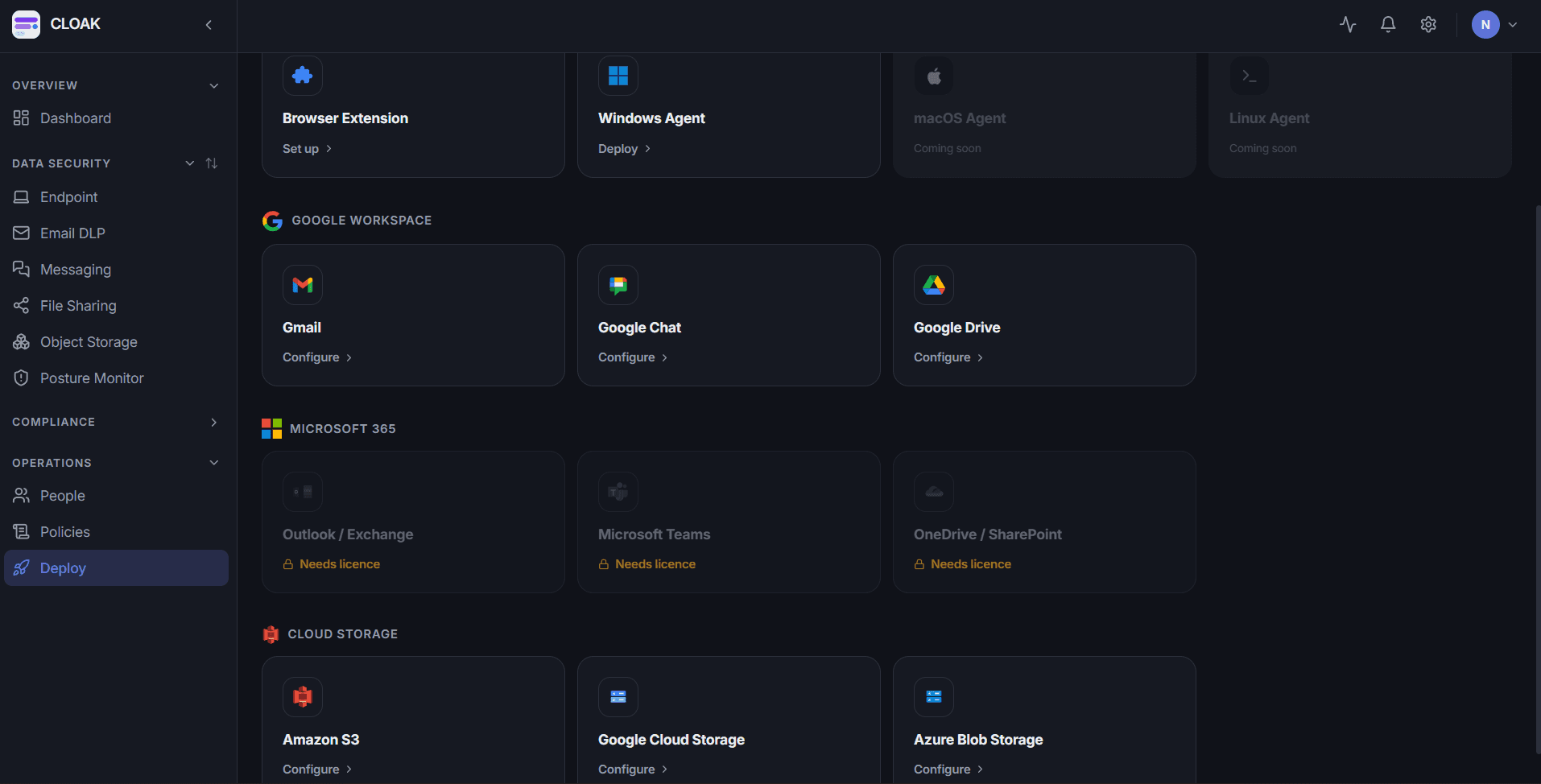 CLOAK DSP Deploy screen