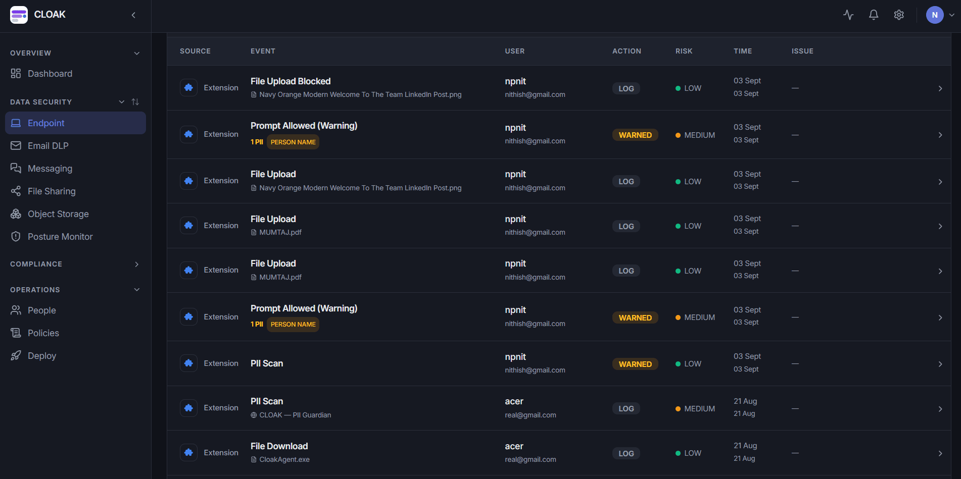 CLOAK DSP Endpoint screen