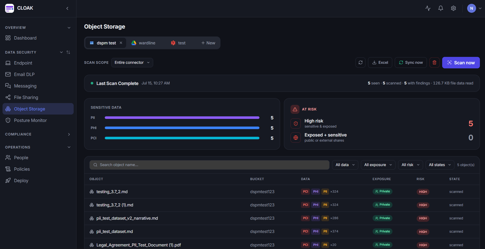 CLOAK DSP Object Storage screen