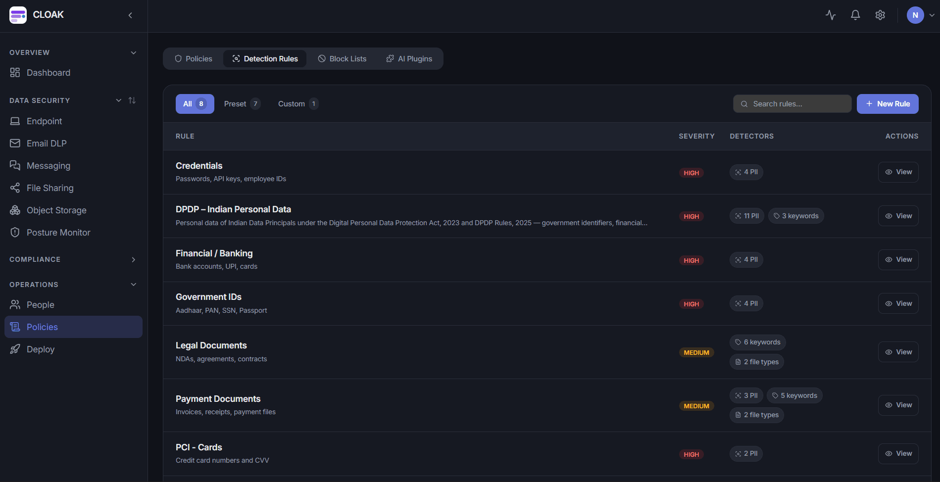 CLOAK DSP Policies screen